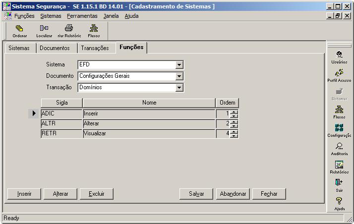 Figura 17 - Funções de Contador Deverão ser incluídas as funções ADIC - Inserir, ALTR Alterar, RETR - Visualizar, no documento Configurações Gerais e transação Domínios, conforme é apresentado na