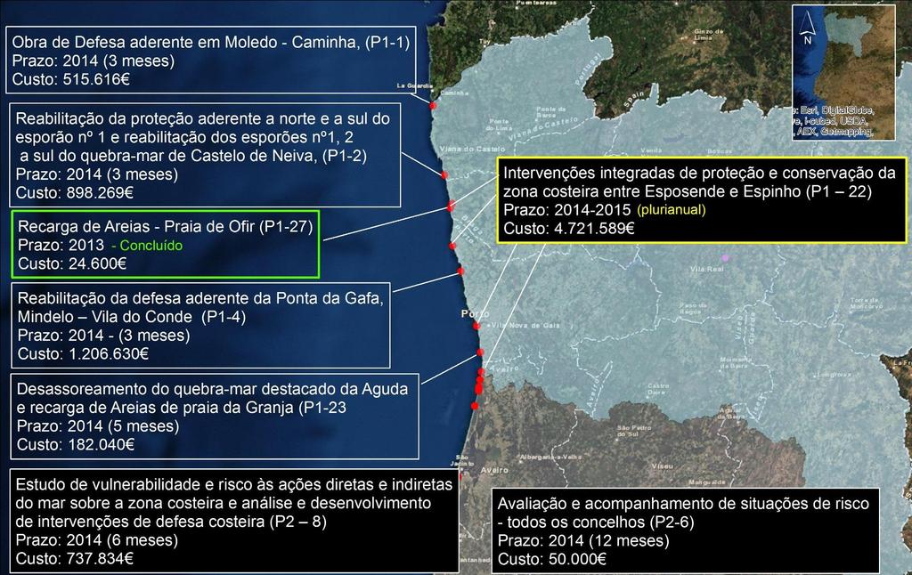 3. SITUAÇÃO ATUAL Mapa das intervenções PAPVL RH Norte Obra de defesa aderente em Moledo - Caminha Reabilitação da proteção aderente a norte e a sul dos esporões nº 1 e 2 a sul do quebra-mar de