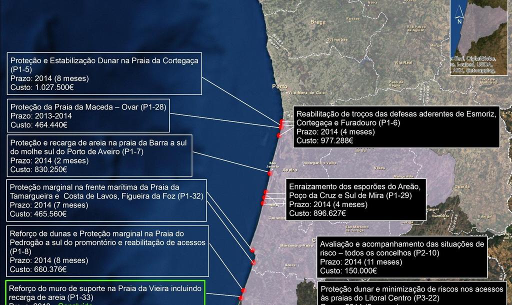 3. SITUAÇÃO ATUAL Mapa das intervenções PAPVL RH Centro Proteção e estabilização dunar na praia de Cortegaça Proteção da Praia da Maceda - Ovar Proteção e recarga de areia na praia da Barra a sul do