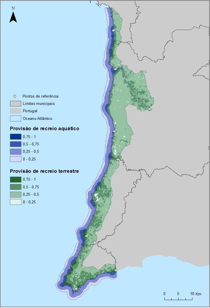 Resultados obtidos Índice potencial de recreio geral Distribuição do potencial de recreio por município Capacidade elevada junto à costa e aos cursos de água, bem como