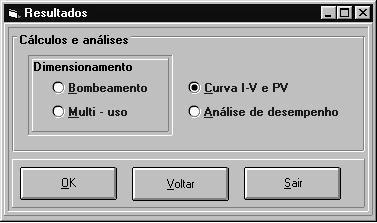 Entrada de dados contendo as características do módulo utilizado para análise. Fig. 2 Opções de cálculo e análise oferecidas pelo programa.