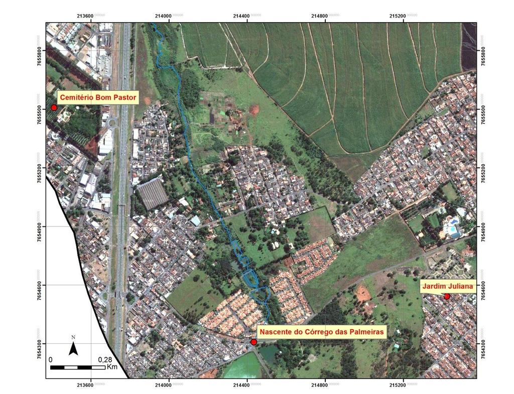 Figura 2. Localização dos pontos a montante do Córrego das Palmeiras (Fonte: Google Earth - adaptado).