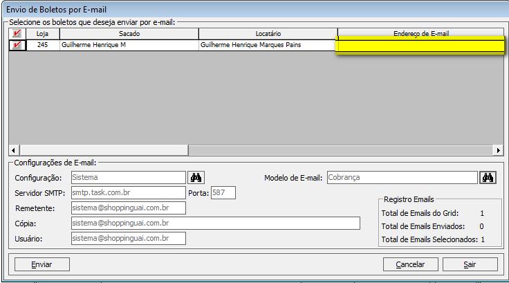 5- E a tela de envio de carta de cobrança por e-mail (menu Relatórios > Receitas > Cartas de Cobrança com Regras): 1.2.