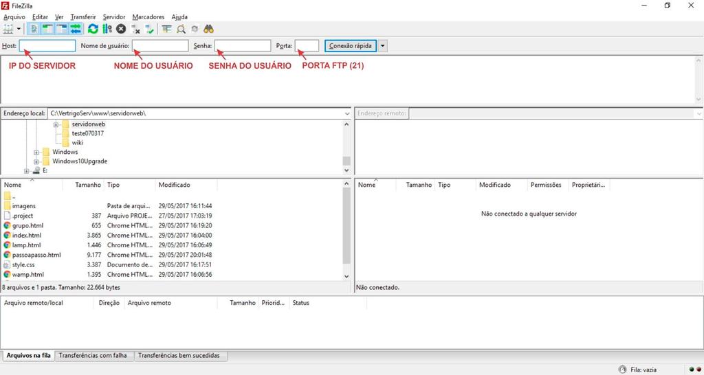 Como subir uma página para o servidor usando FileZilla: Nesta parte do tutorial, será apresentado o programa FILEZILLA. Usado normalmente para transferência de arquivo (FTP).