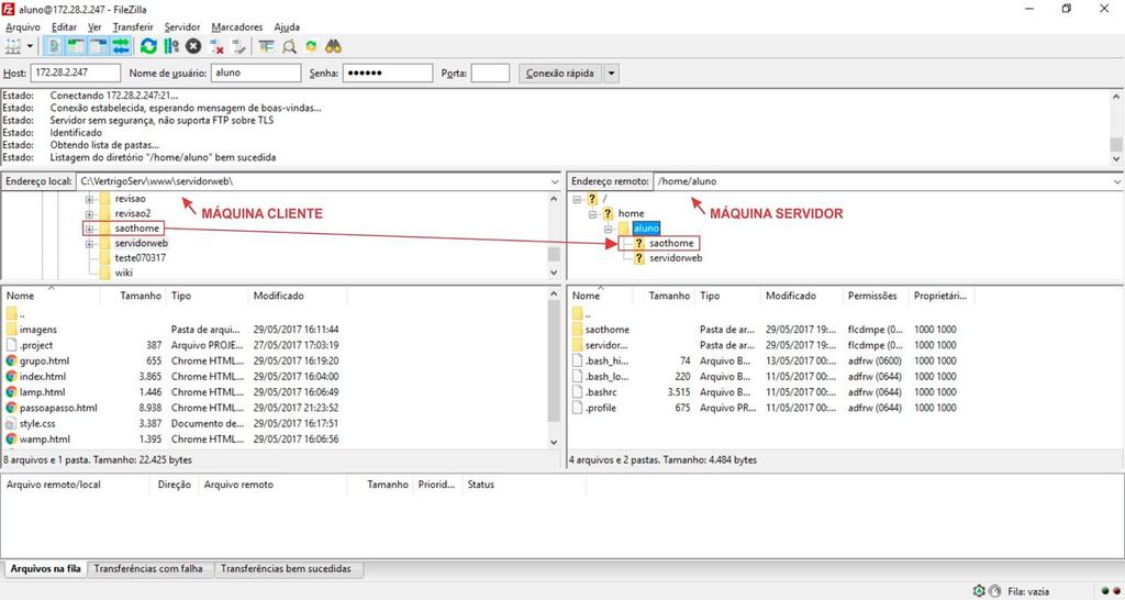 No exemplo acima, a pasta saothome foi enviada para o servidor.