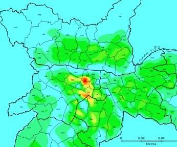 avermelhados as áreas quentes (hot spots) de idosos no município.