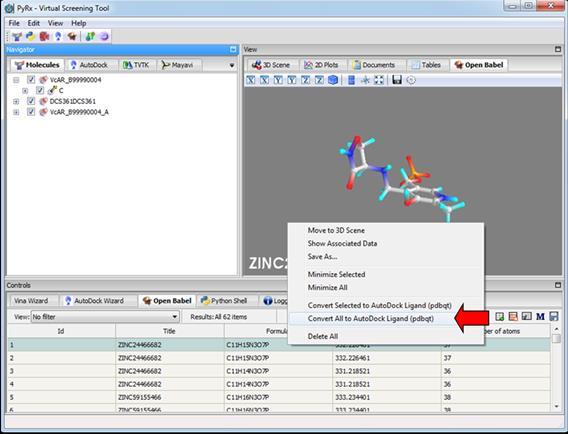 Clique com o botão direito sobre a fórmula molecular e escolha: Convert all to Autodock Ligand