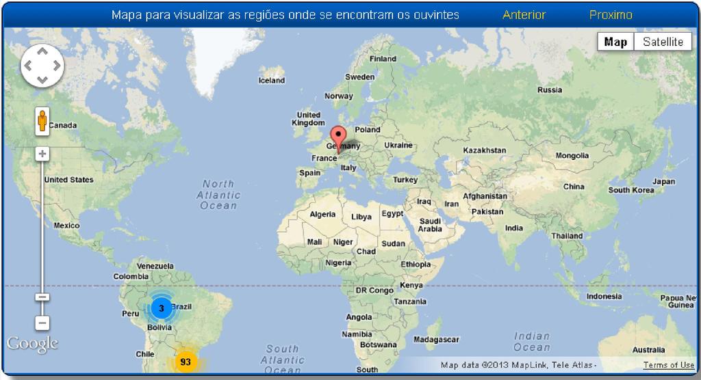 Google Maps: O google maps é utilizado para que você tenha uma visão global das regiões/países que estão acessando sua rádio, ele inicia com um zoom que permite ver todos os países do globo, e