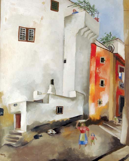 419 TOM - TOMÁS DE MELO - 1906-1990, TRECHO DE ALFAMA, guache sobre papel, duas dobras no