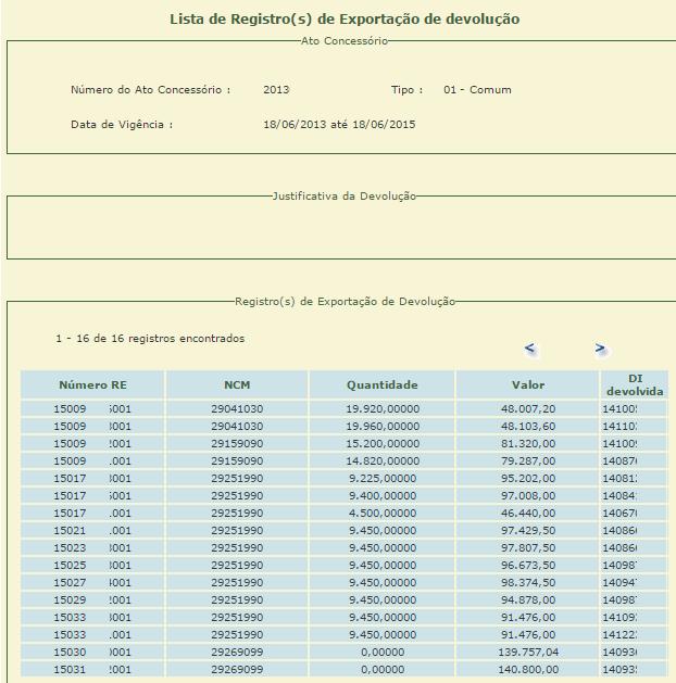 7. Envio para Comprovação de Baixa e Registro de Incidentes B- Devolução: Com Registro de Exportação = por meio da opção Cadastrar RE de devolução são apresentadas as informações sobre os registros