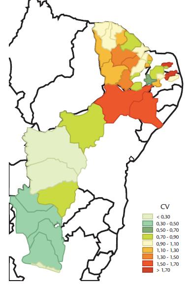 Coeficiente de variação dos deflúvios anuais associados a algumas bacias da região Nordeste; Fonte: Martins, et al.