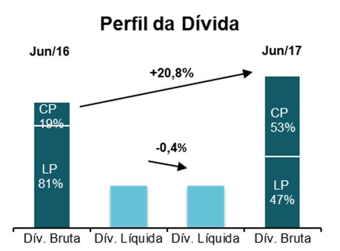 Comentário do Desempenho ENDIVIDAMENTO A Companhia encerrou o 2T17 com uma dívida bruta de R$ 10.422,0 milhões, sendo 8,7% denominada em moeda estrangeira.