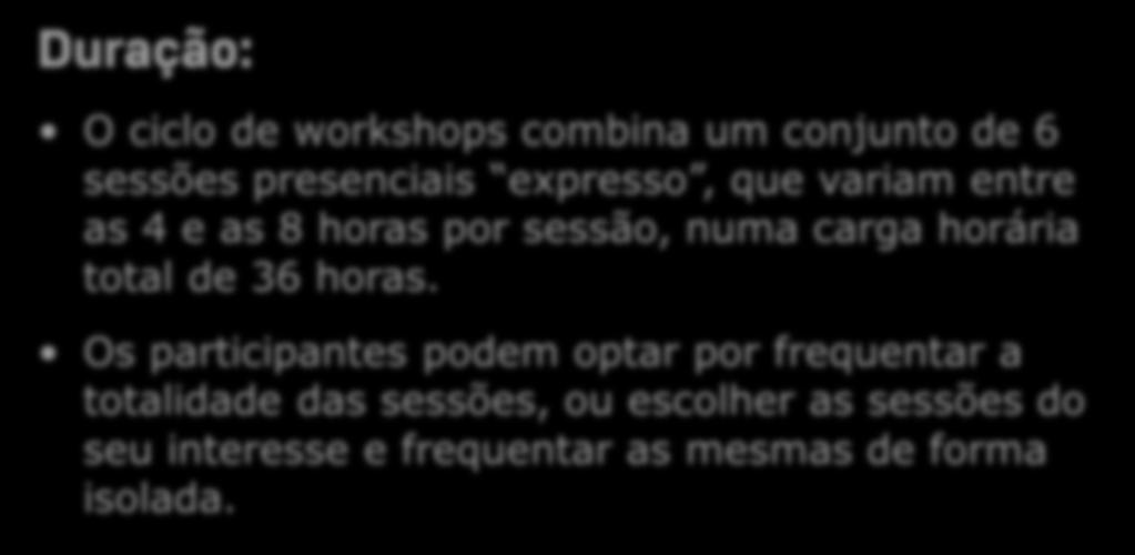 Sobre os Workshops Duração: O ciclo de workshops combina um