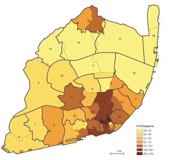 Distribuição espacial, 2011: Total de estrangeiros Total estrangeiros