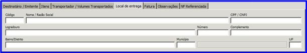 Código: informar o código do cadastro do destinatário no sistema; Nome/Razão Social: informar o nome ou razão social do destinatário; CPF/CNPJ: informar o CPF ou CNPJ; Logradouro: informar