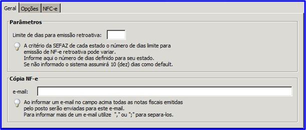 Esta aba possui os campos: Limite de dias para emissão retroativa: informar o número de dias limite para emissão de NF-e retroativa. Esta informação pode variar de acordo com o estado.