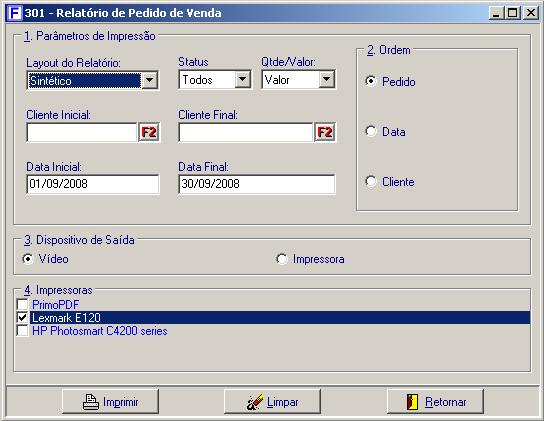 1.6. ROTINAS DE RELATÓRIOS DO SISTEMA 1.6.1. MODELO DE TELA DE PARÂMETROS DOS RELATÓRIOS Permite ao usuário efetuar Consultas em Vídeo ou a Impressão de relatórios de acordo com as Informações selecionadas através das opções abaixo: 1.