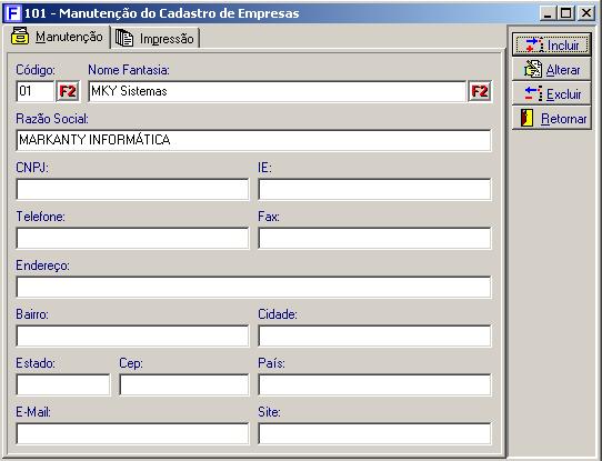 1.3. MODELO DE TELA DE CADASTRO DO SISTEMA Através da Opção Cadastro no Menu do Sistema, o usuário deverá alimentar o Sistema com as informações necessárias para seu funcionamento.