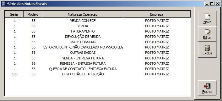 Esta tela possui os botões: Novo permitirá incluir uma série de notas fiscais à relação; Editar: permitirá editar as configurações de séries de notas fiscais; Excluir: permitirá excluir série de