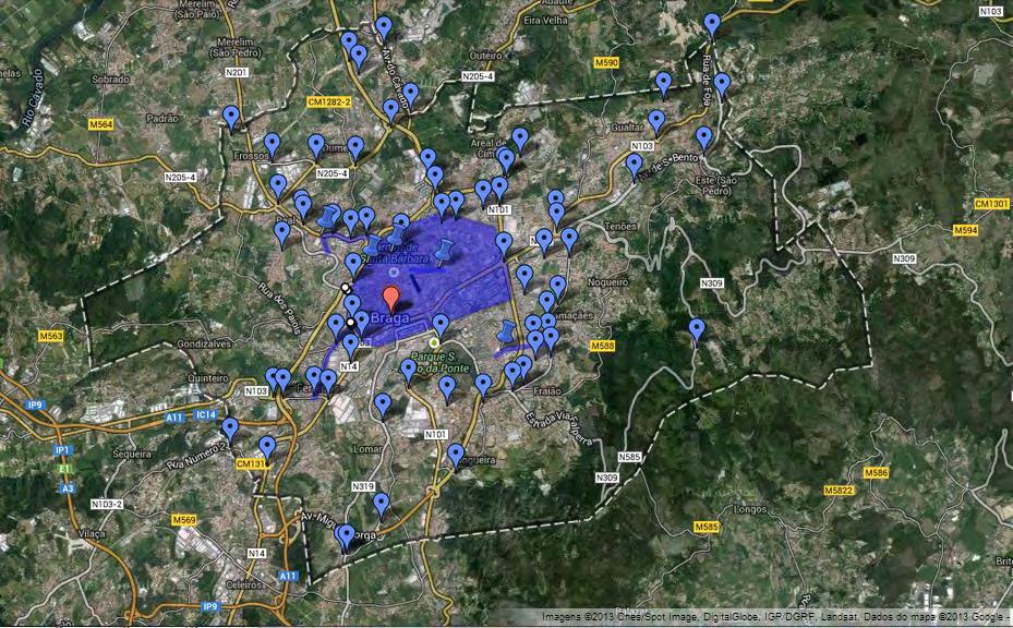 Verifica-se que o núcleo do centro urbano de Braga possui poucas interseções giratórias e as que existem encontram-se na periferia dessa malha