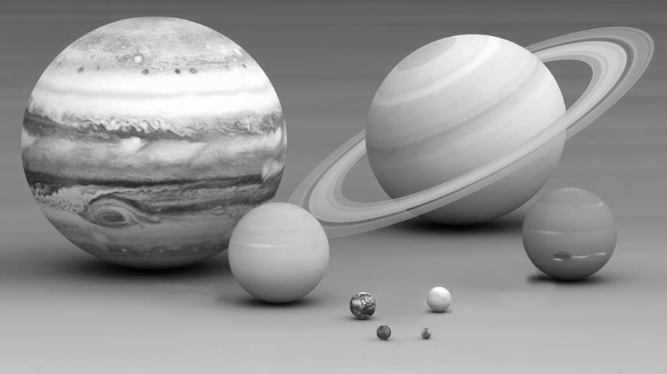 Questão 2) (1 ponto) (0,25 cada acerto) Abaixo estão os planetas do Sistema Solar em escala correta de volume. Escreva os nomes dos planetas indicados pelas linhas tracejadas.