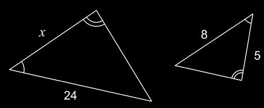 Podemos dizer que o valor de x é a) 10. b) 15. c) 20. d) 25. e) 30. GABARITO: B Por semelhança de triângulos, temos x = 24 x = 15. 5 8 28.