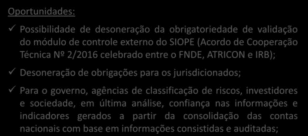 Oportunidades: Possibilidade de desoneração da obrigatoriedade de validação do módulo de controle externo do SIOPE (Acordo de Cooperação Técnica Nº 2/2016 celebrado entre o FNDE, ATRICON e IRB);