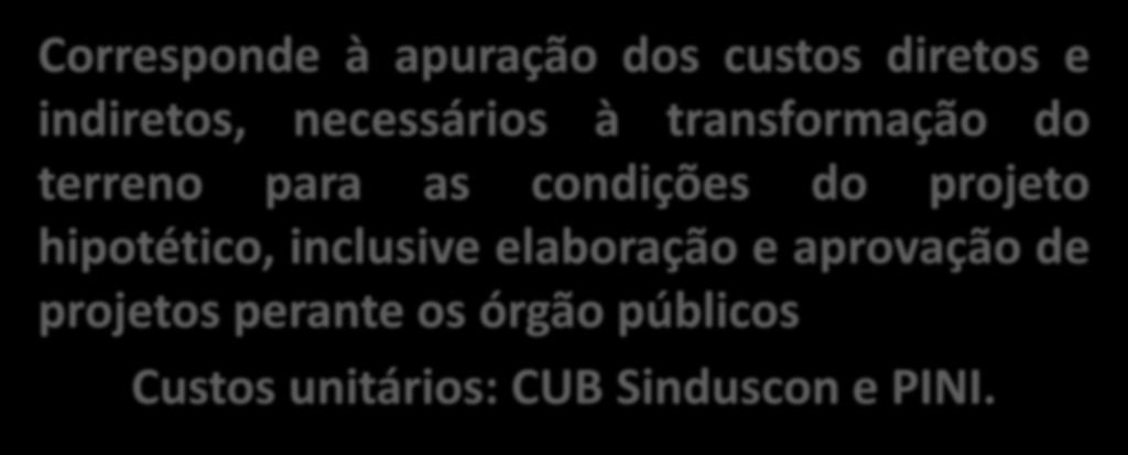 LEVANTAMENTO DO CUSTO DE PRODUÇÃO DO PROJETO HIPOTÉTICO Corresponde à apuração dos custos diretos e indiretos, necessários à transformação do terreno