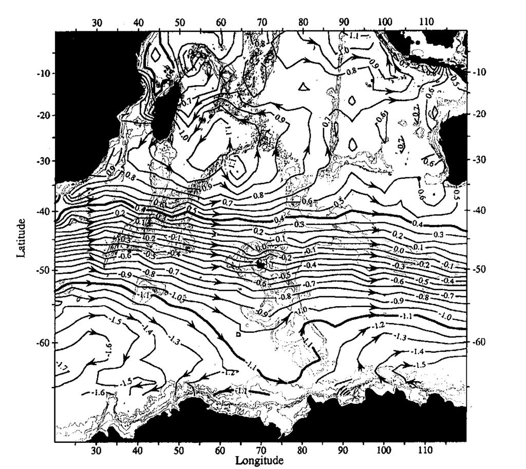 CORRENTES GEOSTÓFICAS A PARTIR DE ALTIMETRIA - Grande Escala - Um exemplo para o oceano Indico: Park and Gamberoni (1995) STG STG: Subtropical Gyre ACC: Antarctic Circumpolar Current SPG: Subpolar