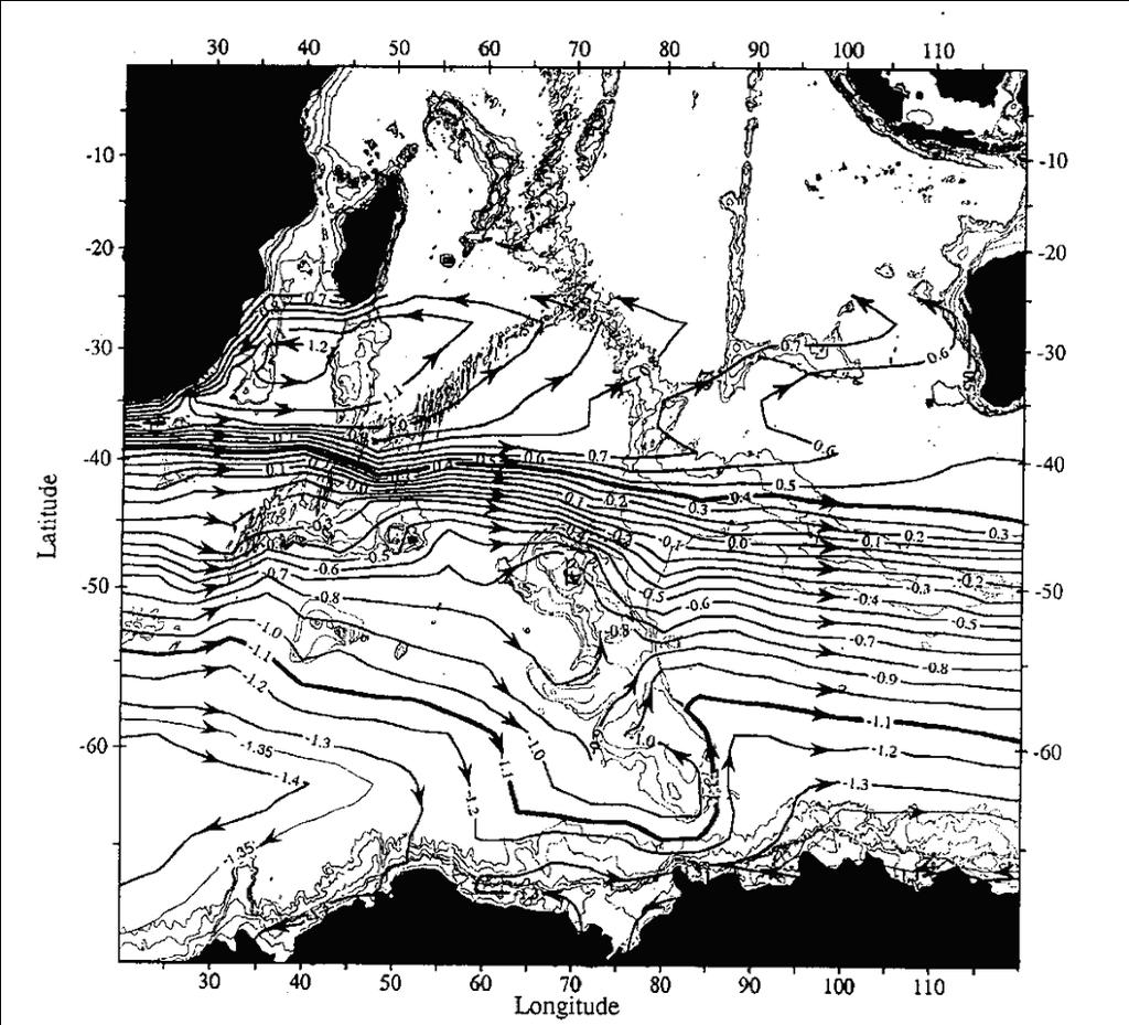 CORRENTES GEOSTÓFICAS A PARTIR DE ALTIMETRIA - Grande Escala - Um exemplo para o oceano Indico: Park and Gamberoni (1995) STG ACC