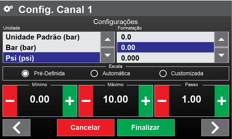 Nesta tela escolha a unidade de visualização (bar, psi, Kpa) e escalas desejadas.