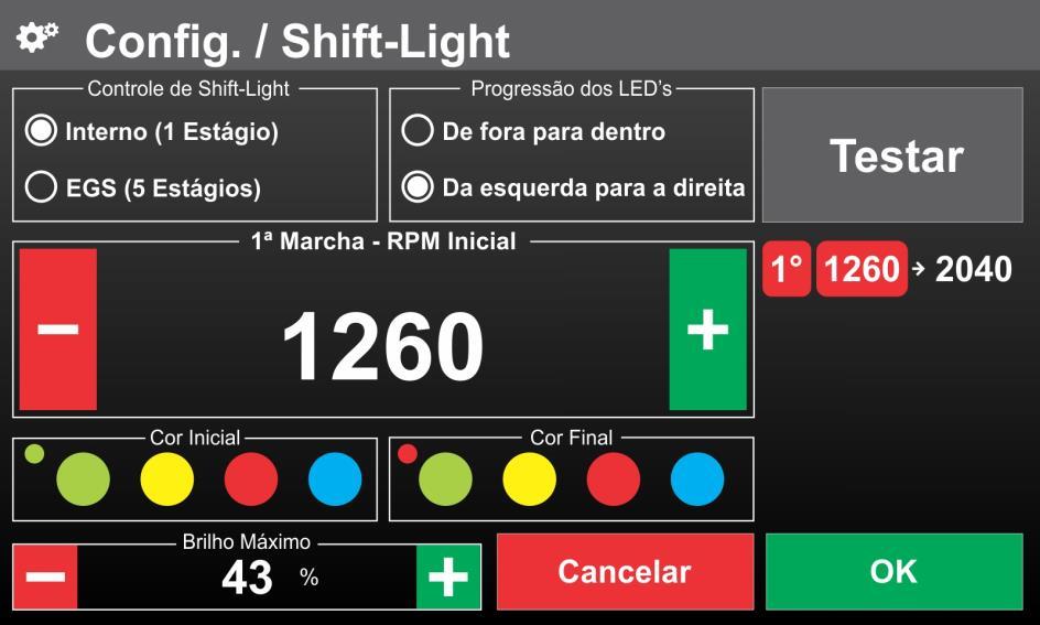 8.2.1 Shift Light Dez (10) LED s configuráveis para função de Shift-Light. 8.2.1.1 Controle de Shift-Light Configurável Interno (1 Estágio) ou recebendo as informações configuradas no EGS do módulo INJEPRO S8000 (5 Estágios).