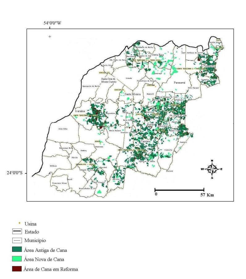 Figura 3- Distribuição da cultura Canavieira na mesorregião Noroeste do Paraná- Safra 2007. Fonte: CANASAT, 2008. Adaptado: RIBEIRO, V.H.