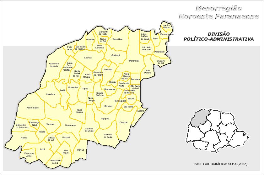 Figura 1: Mesorregião Noroeste do Paraná Fonte: IPARDES, 2004 Geologicamente, a mesorregião localiza-se quase totalmente na Formação Arenito Caiuá, que corresponde à unidade litoestratigráfica da