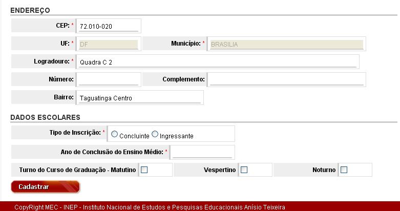 Dados recebidos da EBCT.