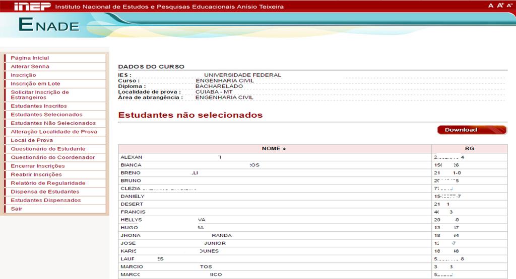 Estudantes Não Selecionados Permite à IES conhecer a lista dos estudantes não