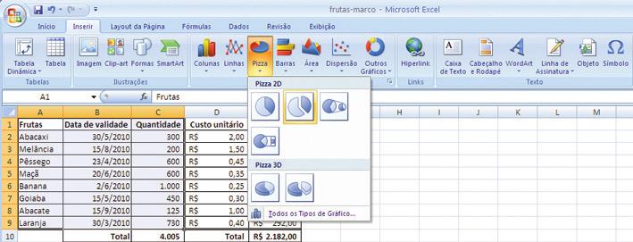 Trabalhando com gráficos Para criar gráfi cos no Excel 2007, selecione os dados na sua planilha e no Menu Inserir, clique no tipo de gráfi co desejado, como na imagem a seguir: No exemplo, foram