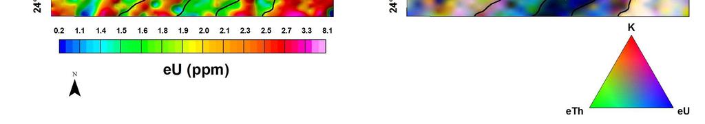 A) Potássio (K), B) Tório (eth), C) Urânio (eu) e D) Ternário (RGB), indicando os domínios gamaespectrométricos (A a J) (Fedalto, 2015).