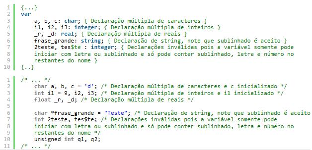 Exemplos Nos dois códigos abaixo, em Pascal e C, estão