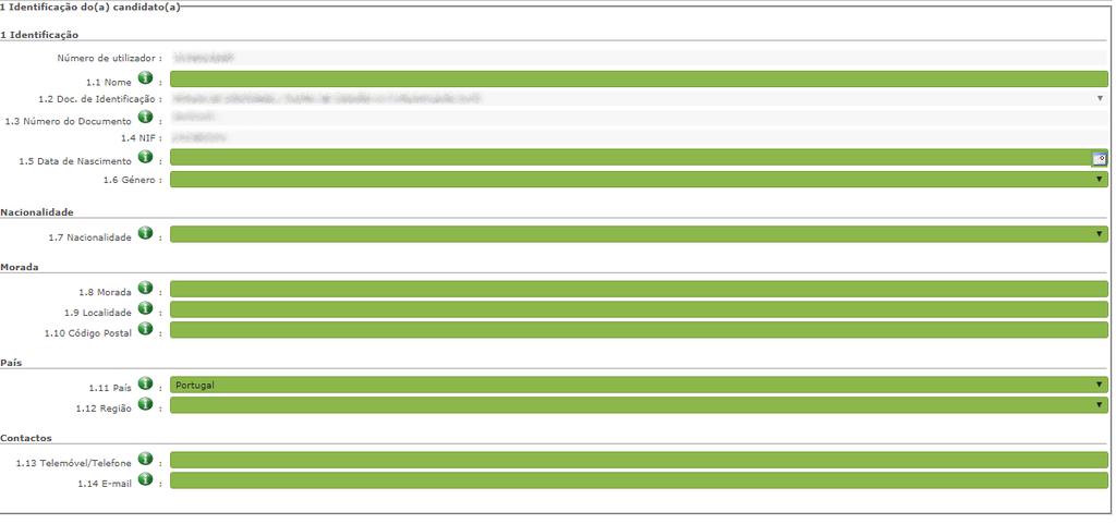 3.1.1 Identificação do candidato Esta página apresenta os dados relativos à identificação do candidato, inseridos na altura do preenchimento da respetiva Inscrição Obrigatória/Registo.