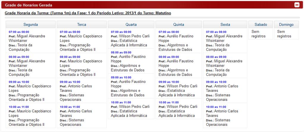 Resultados obtidos Grade com horários indisponíveis, disponíveis