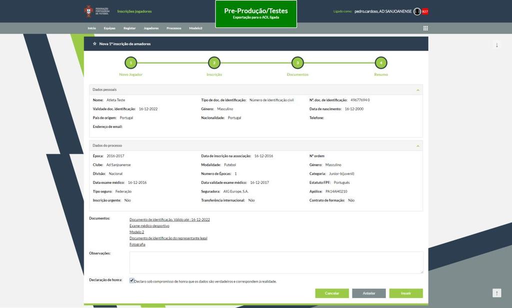 Figura 20: Prcess de 1ª inscriçã de Amadres Pass 4 N ultim pass é