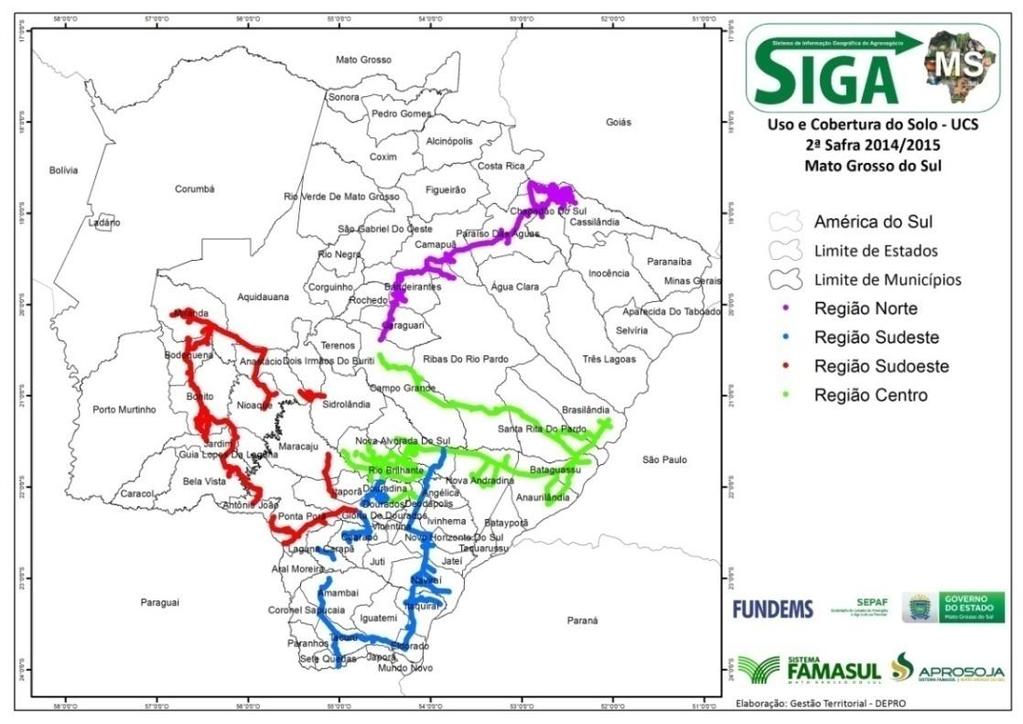ACOMPANHAMENTO DA SAFRA DE MILHO - 2014/2015 E USO E COBERTURA DO SOLO - UCS O projeto SIGA MS segue com o acompanhamento do desenvolvimento do milho, 2ª safra 2014/2015, nas principais regiões