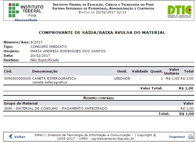 27 - Registrar Saída Avulsa - Notificação de Sucesso (Finalizado).