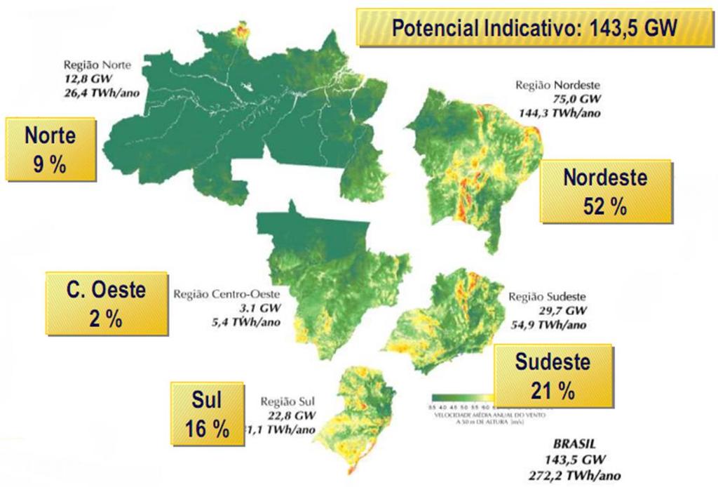 Potencial Eólico e Solar no Brasil Eólico Solar Um novo mapa está sendo elaborado (medição acima de 100m).