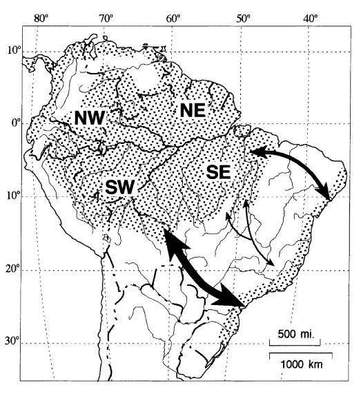 48 Figura 15. Rotas de conexão entre a Amazônia e a Mata Atlântica propostas por Por (1992). A largura das setas indica a importância da rota num passado biogeográfico.