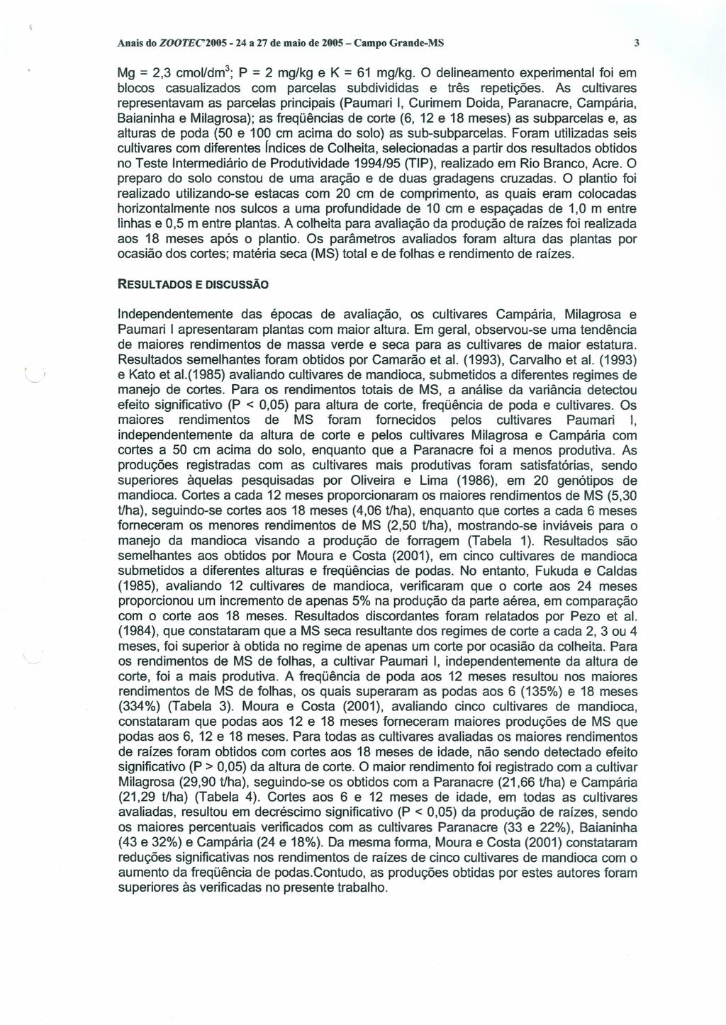 Anais do ZOOTEC'2005-24 a 27 de maio de 2005 - Campo Grande-MS 3 Mg 2,3 cmol/drrr'; P 2 mg/kg e K 61 mg/kg.