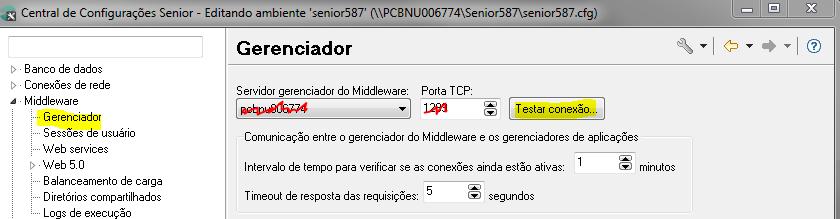 1. No SeniorConfigCenter (Diretório de Instalação do sistema > Senior): 1.1. Efetuar teste de conexão com Middleware: 1.