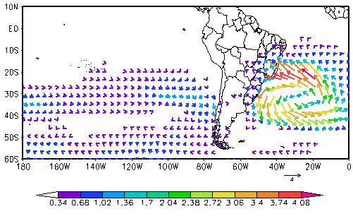 hpa - (EOAS CTR) (d) Magnitude do vento em 850 hpa (EOAS - CTR) (e) Fluxo de calor latente