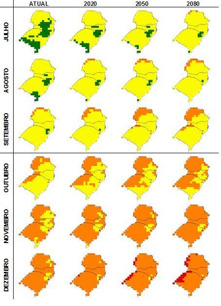 FIGURA 2. Mapas de favorabilidade à Euschistus heros para a Região Sul do Brasil no período de referência (1961-1990) e projeções futuras (2020, 2050 e 2080) no cenário B1.